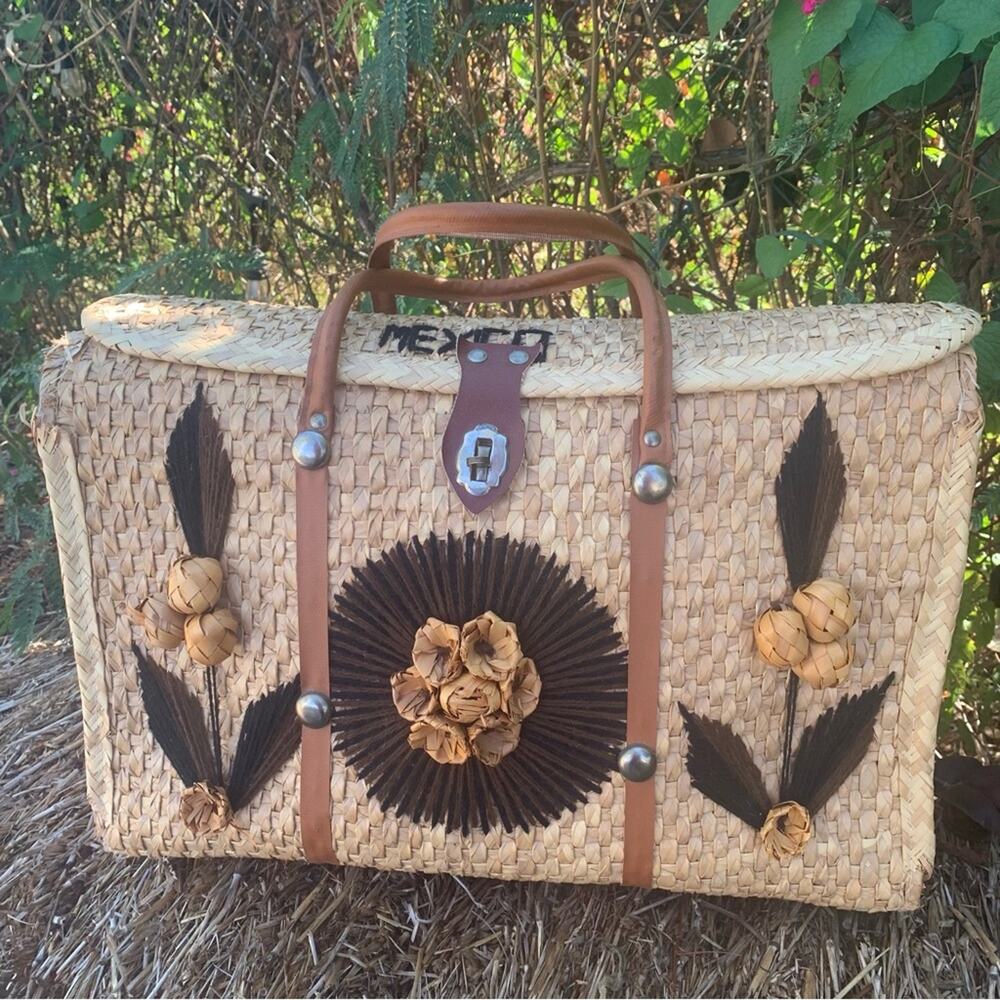 Large Woven Tote Wicker Rattan Vintage Leather Handwoven Mexican Tote Bag